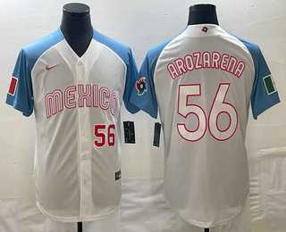 Mens Mexico Baseball #56 Randy Arozarena Number 2023 White Blue World Classic Stitched Jersey (2)->2023 world baseball classic->MLB Jersey